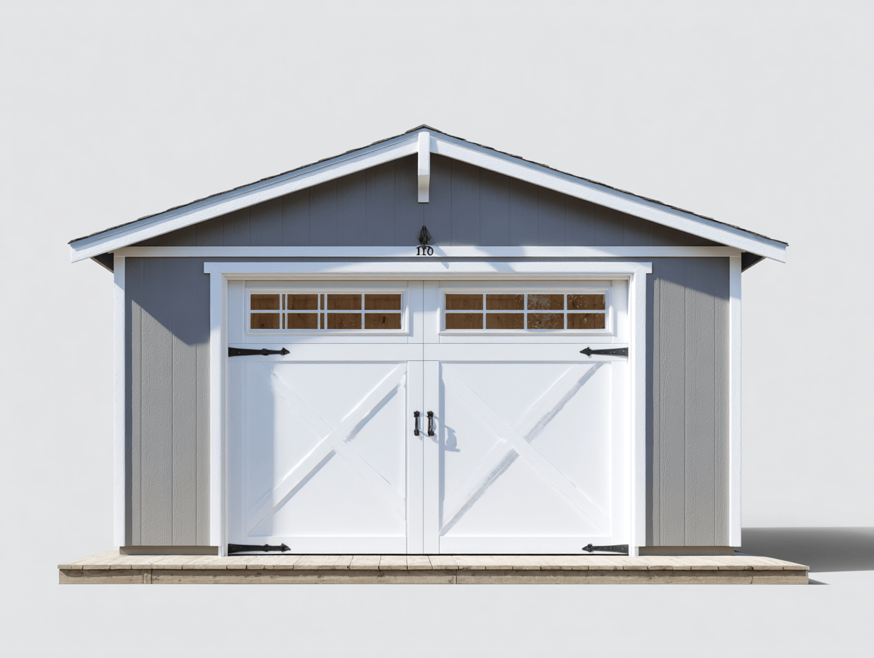 Drewniany domek ogrodowy 300x400 cm – szaro biały – z szerokimi drzwiami garażowymi-Hubuna