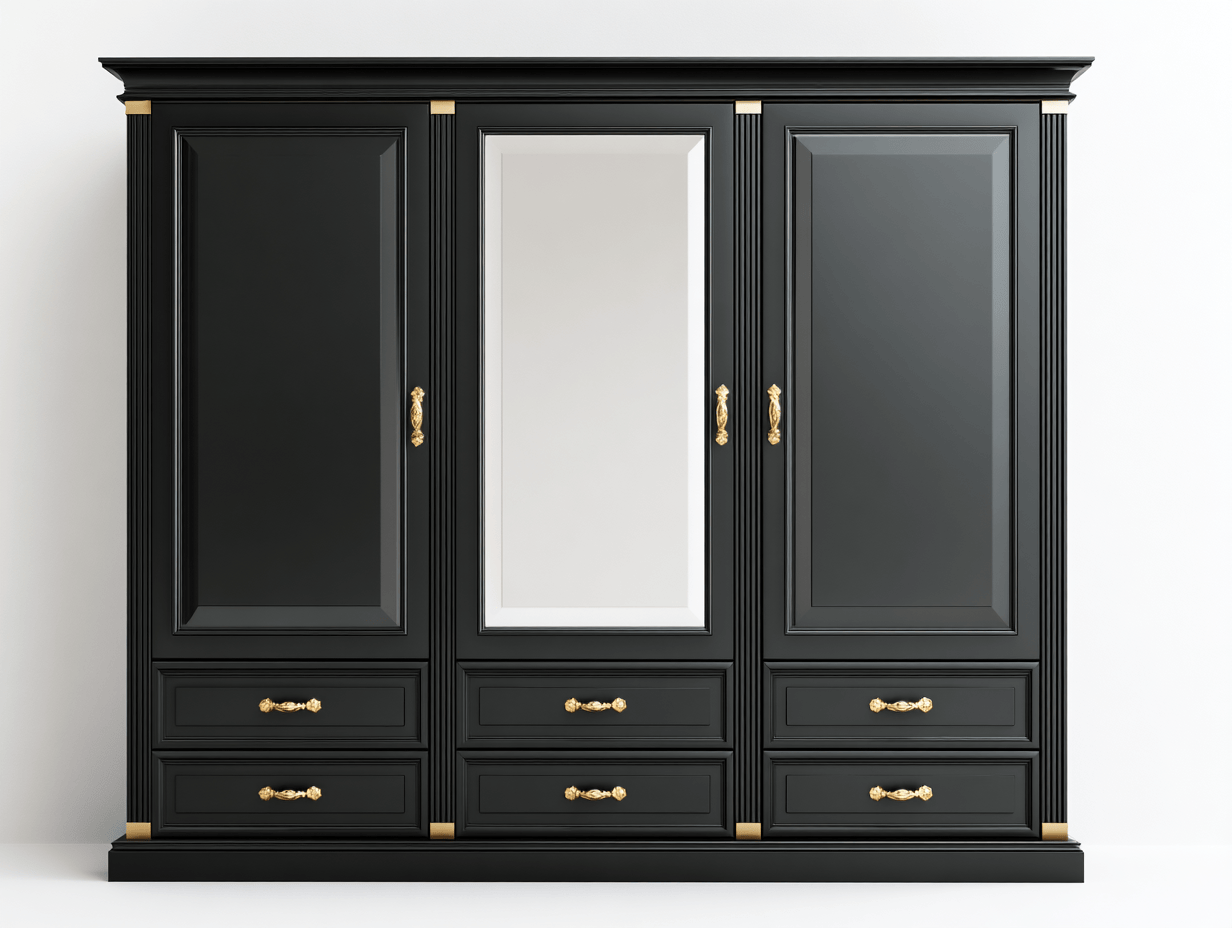 Czarna szafa z trzema drzwiami i lustrem – zdobienia złote – 210×180×60 cm-Hubuna