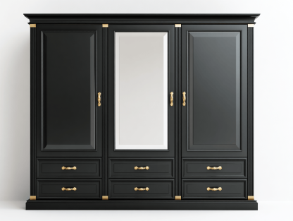 Czarna szafa z trzema drzwiami i lustrem – zdobienia złote – 210×180×60 cm-Hubuna