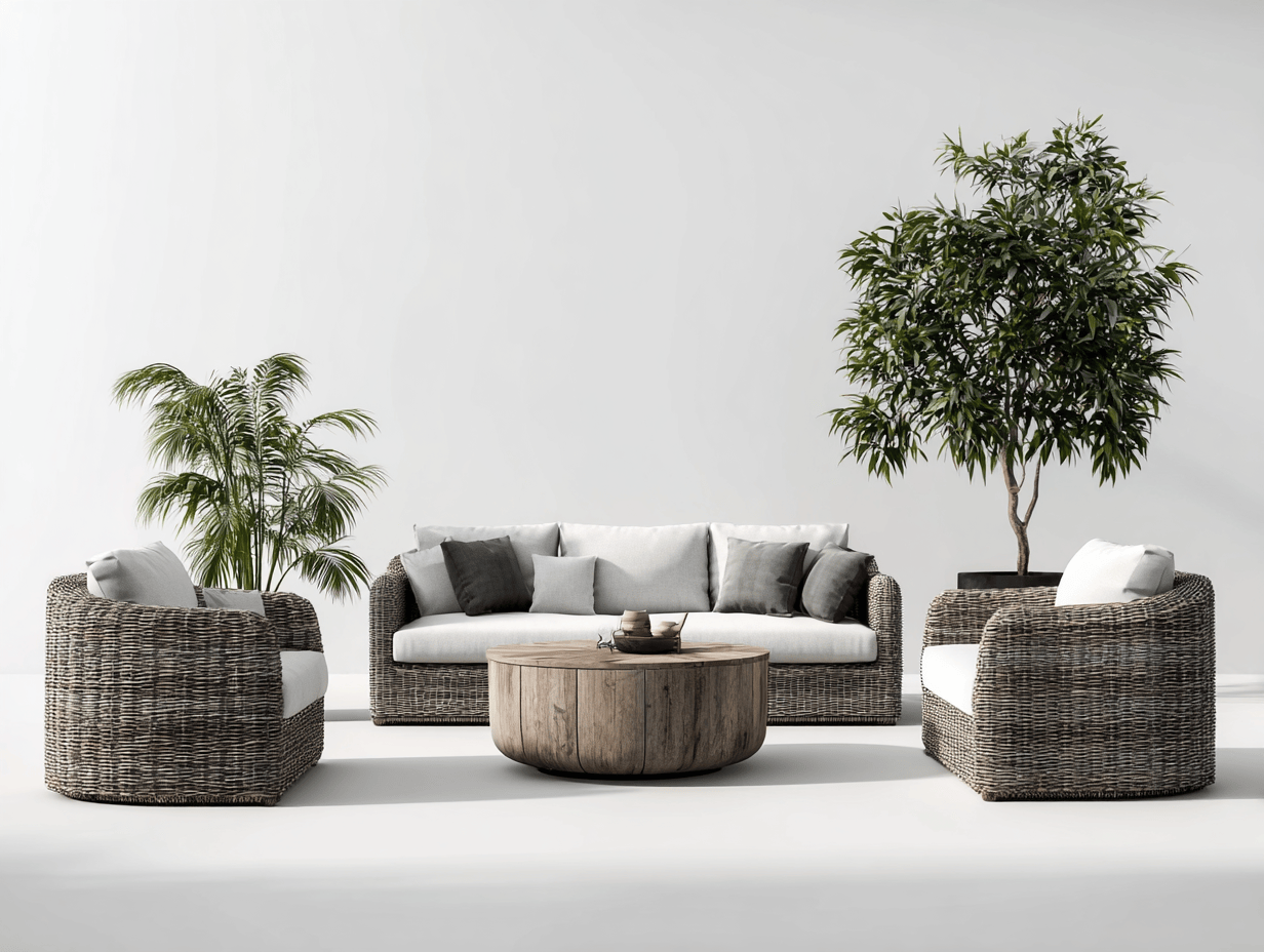 Zestaw mebli ogrodowych z technorattanu 4 elementy – sofa 3-osobowa + fotele – szaro-biały styl naturalny-Hubuna