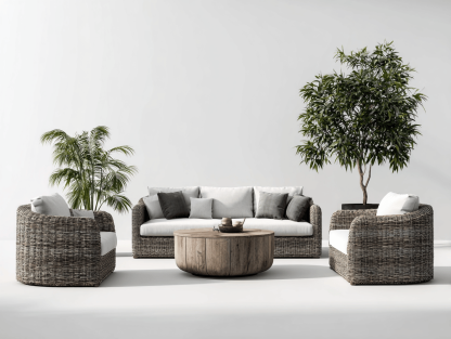 Zestaw mebli ogrodowych z technorattanu 4 elementy – sofa 3-osobowa + fotele – szaro-biały styl naturalny-Hubuna