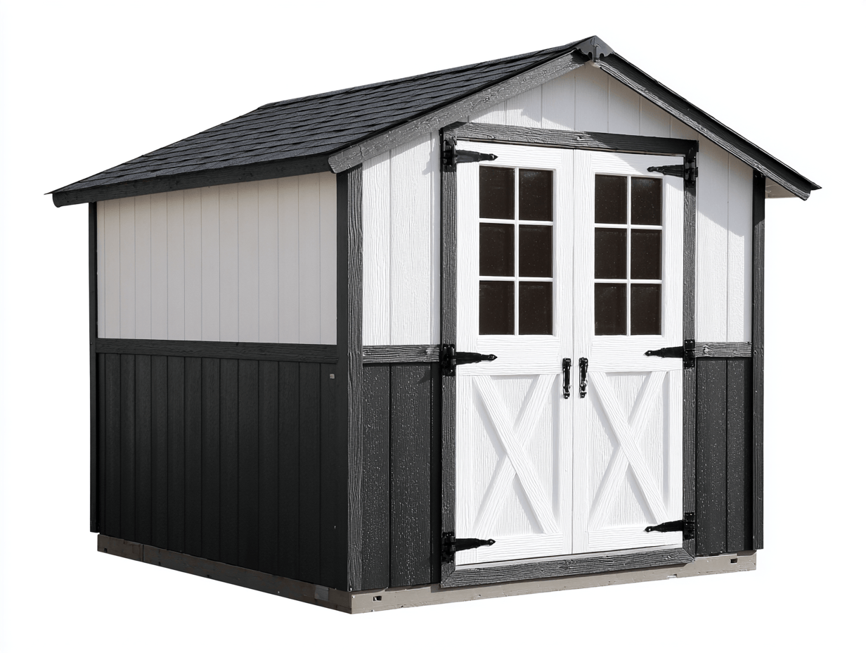 Metalowy domek ogrodowy 240x180 cm – czarno-biały – dach z gontem bitumicznym – podwójne przeszklone drzwi-Hubuna