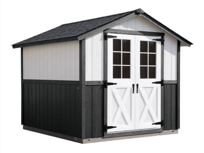 Metalowy domek ogrodowy 240x180 cm – czarno-biały – dach z gontem bitumicznym – podwójne przeszklone drzwi-Hubuna