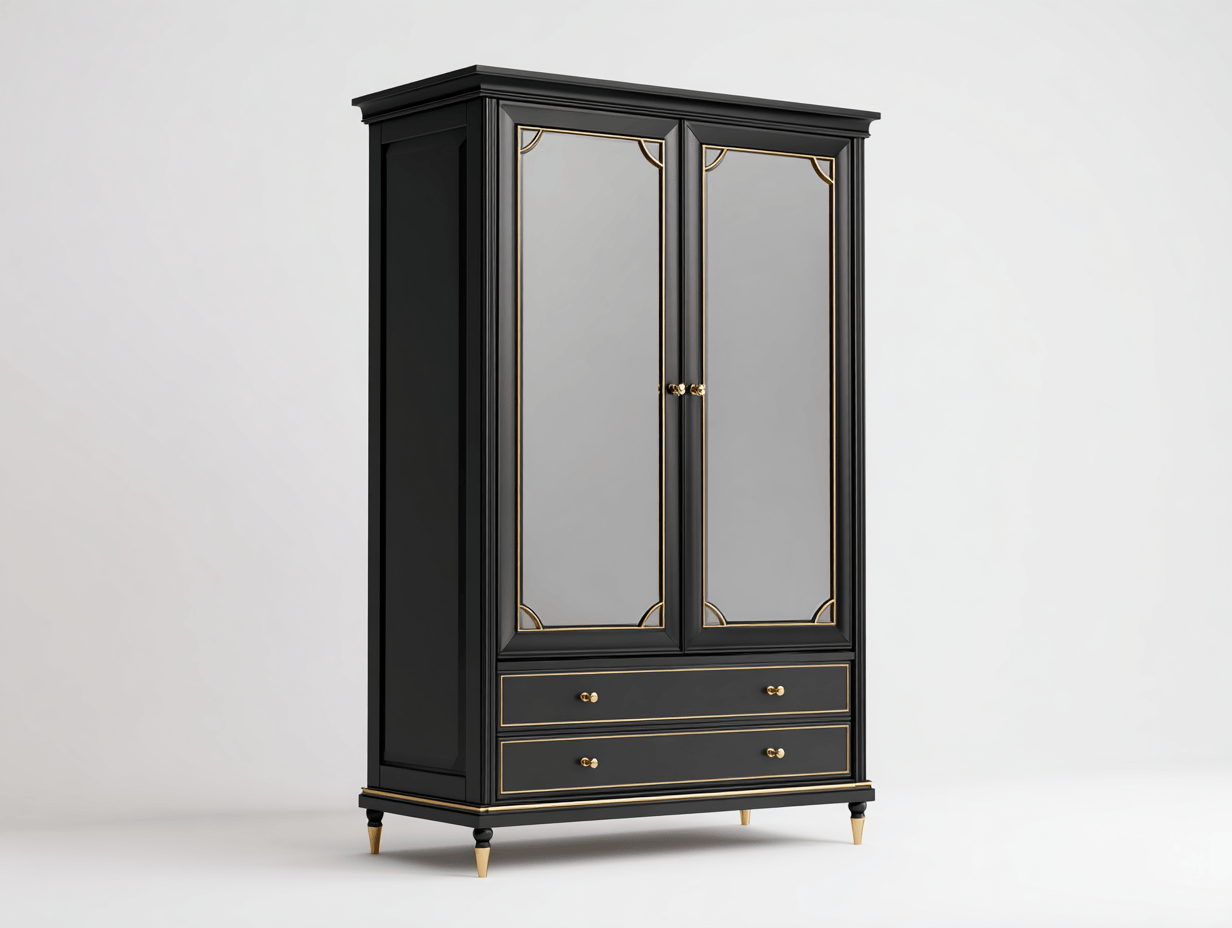 Czarna szafa z dwojgiem lustrzanych drzwi – złote akcenty – 190×110×55 cm-Hubuna