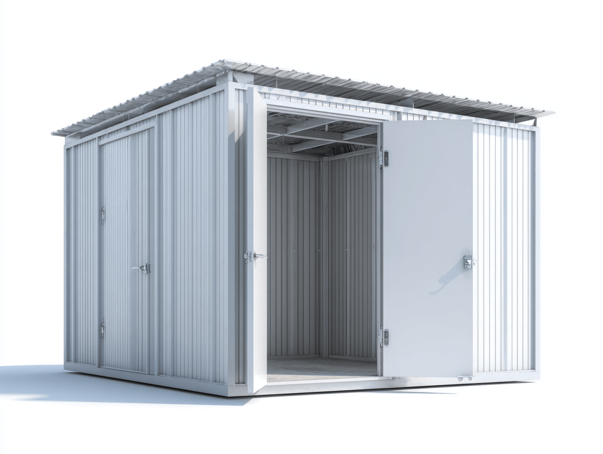 Metalowy schowek ogrodowy 240x180 cm – jasnoszary – gładka blacha – podwójne drzwi-Hubuna