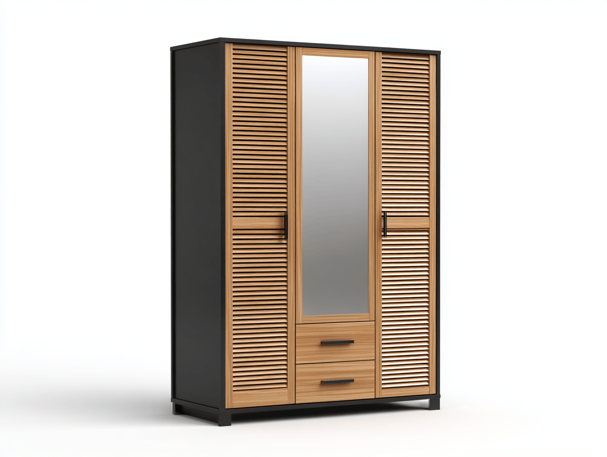 Szafa trzydrzwiowa z lustrem i dwiema szufladami 125×55×210 cm – bambus/czarny – styl japoński nowoczesny-Hubuna