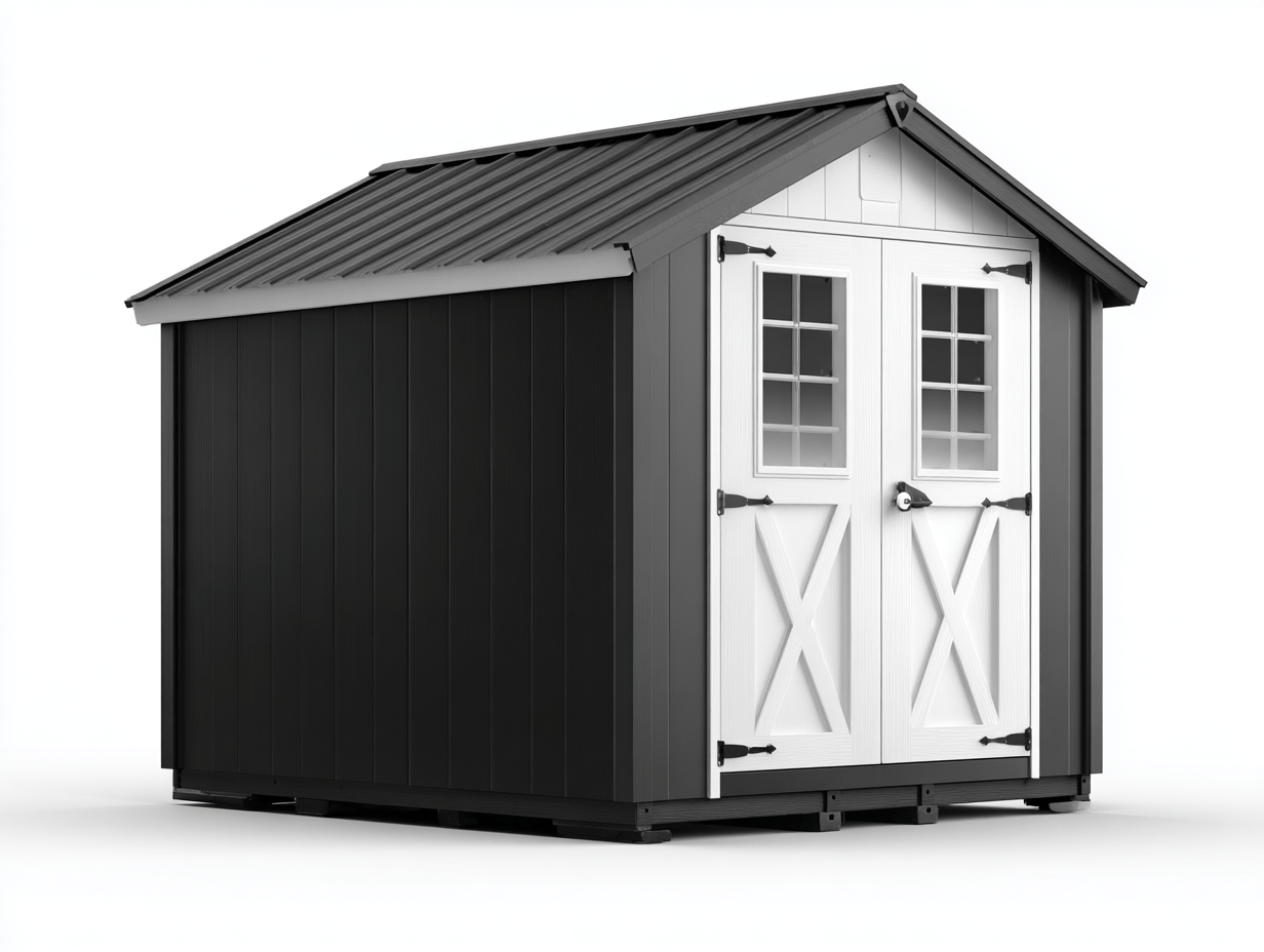 Metalowy domek ogrodowy 240x180 cm – czarno-biały – podwójne przeszklone drzwi – dach dwuspadowy-Hubuna