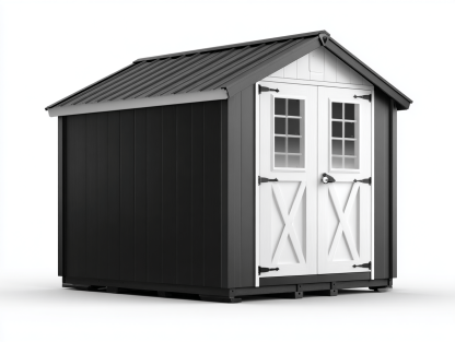 Metalowy domek ogrodowy 240x180 cm – czarno-biały – podwójne przeszklone drzwi – dach dwuspadowy-Hubuna