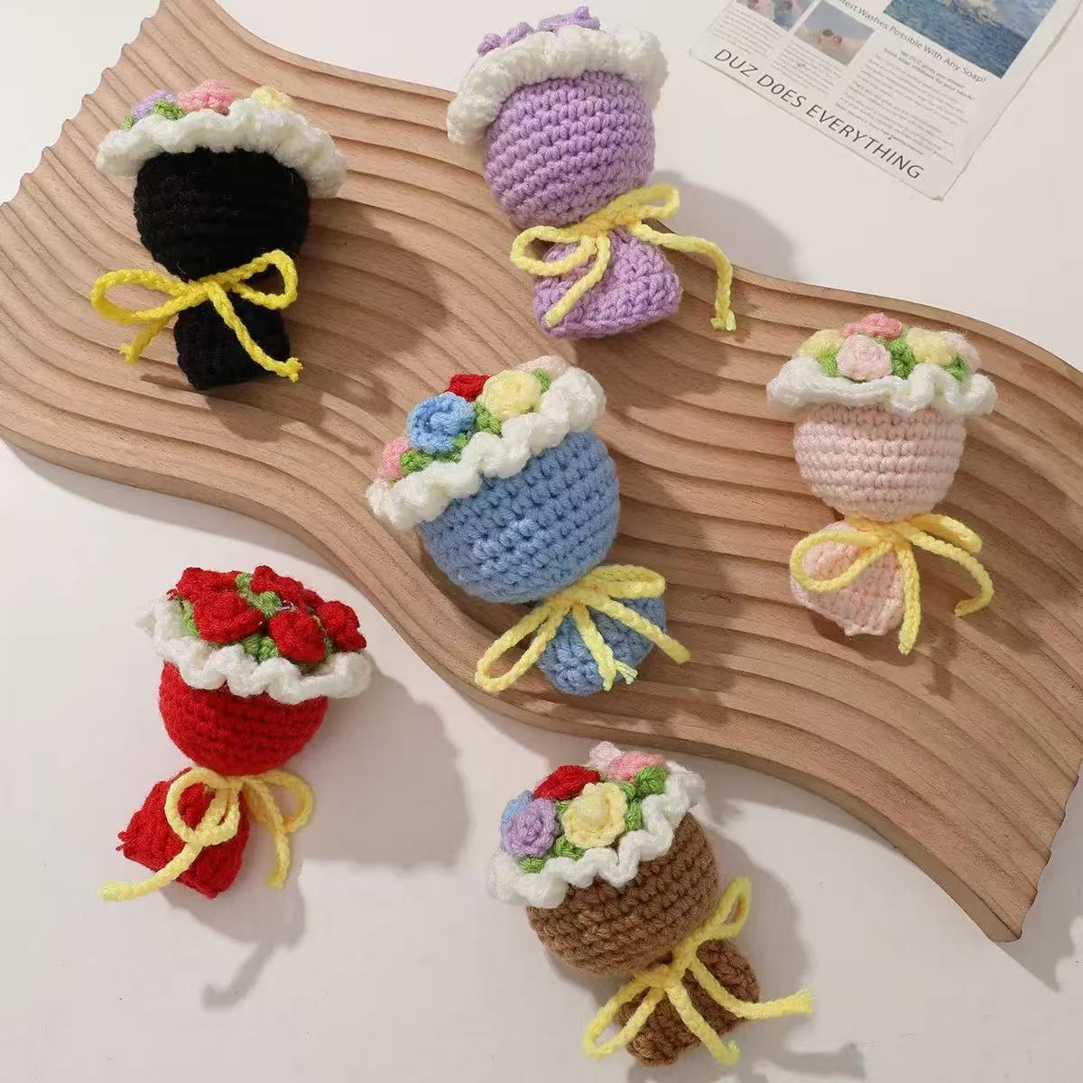 Hand-knitted mini bouquet of crocheted knitted wool roses