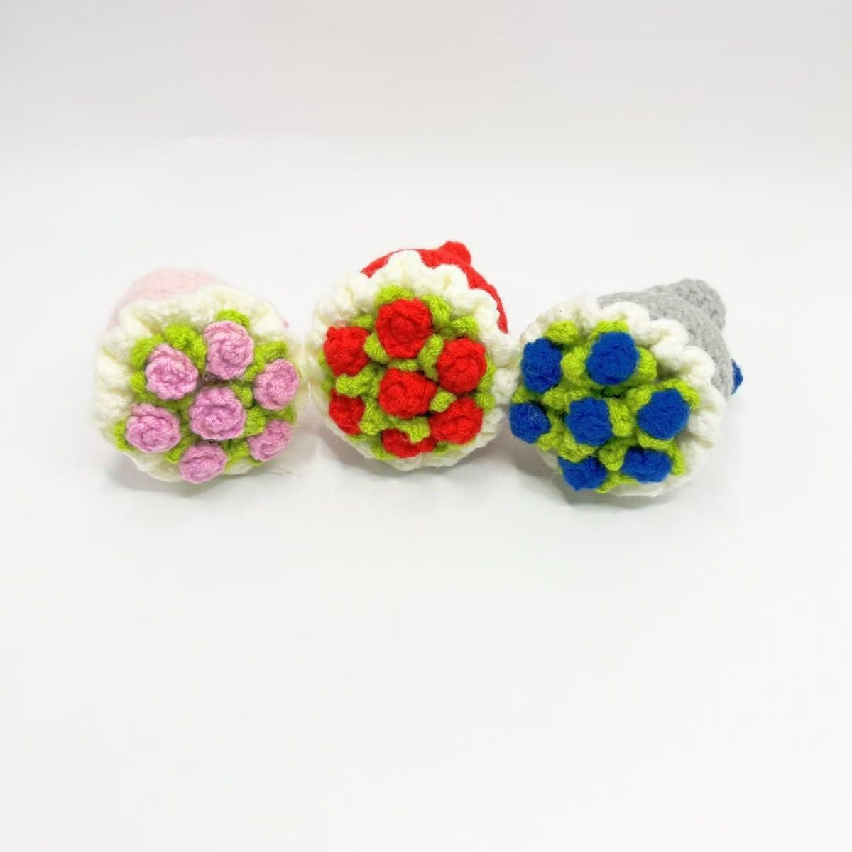 Hand-knitted mini bouquet of crocheted knitted wool roses