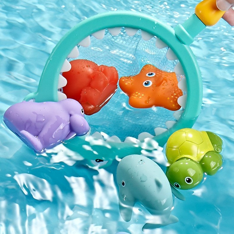Baby bath toy - lion water spray net for catching fish - shark children's animal squeeze play float and swim toy for catching fish