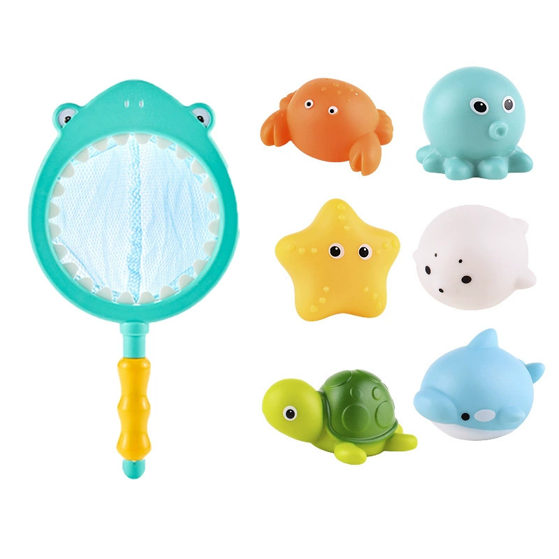 Baby bath toy - lion water spray net for catching fish - shark children's animal squeeze play float and swim toy for catching fish