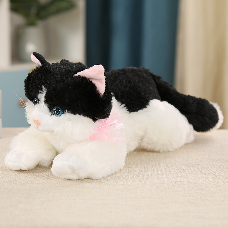 This is a lifelike plush cat toy that can meow. It's a cute cat doll in a lying position, perfect as a birthday gift for children or as a companion for sleep.