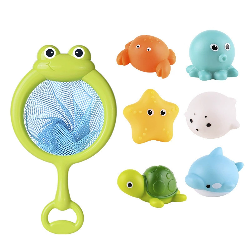 Baby bath toy - lion water spray net for catching fish - shark children's animal squeeze play float and swim toy for catching fish