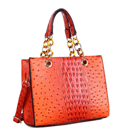 Ostrich Print Linked Chain Accent Strap 2 Way PU Leather Medium Satchel Purse 519742