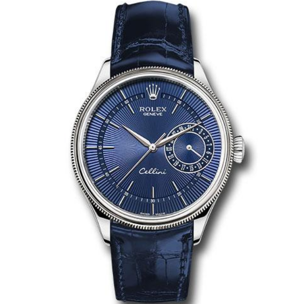 Cellini Date Watch - White Gold - Blue Dial - Blue Leather Strap - 50519 blbl