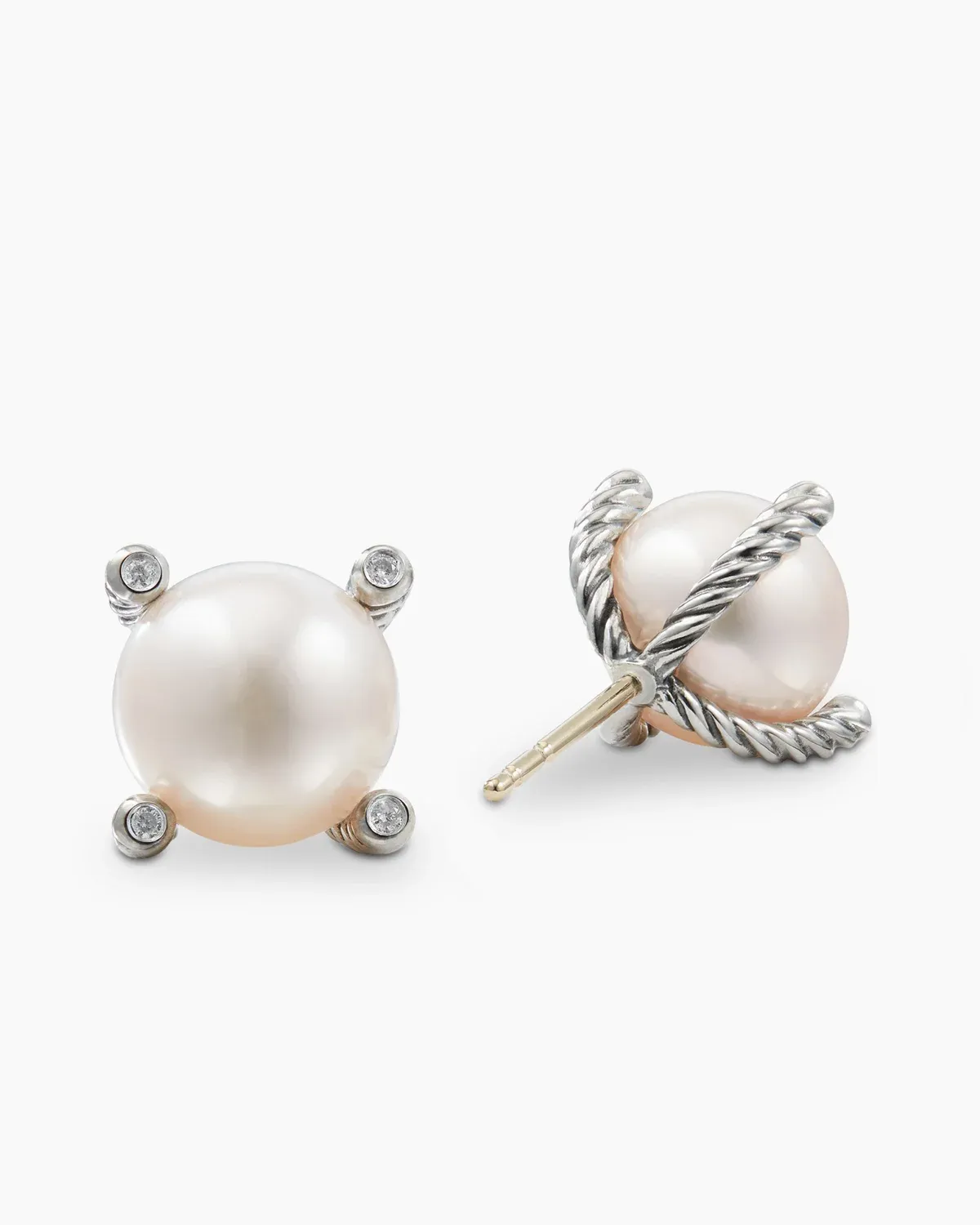 Pearl Stud Earrings Sterling Silver with Pearls and Diamonds, 14mm