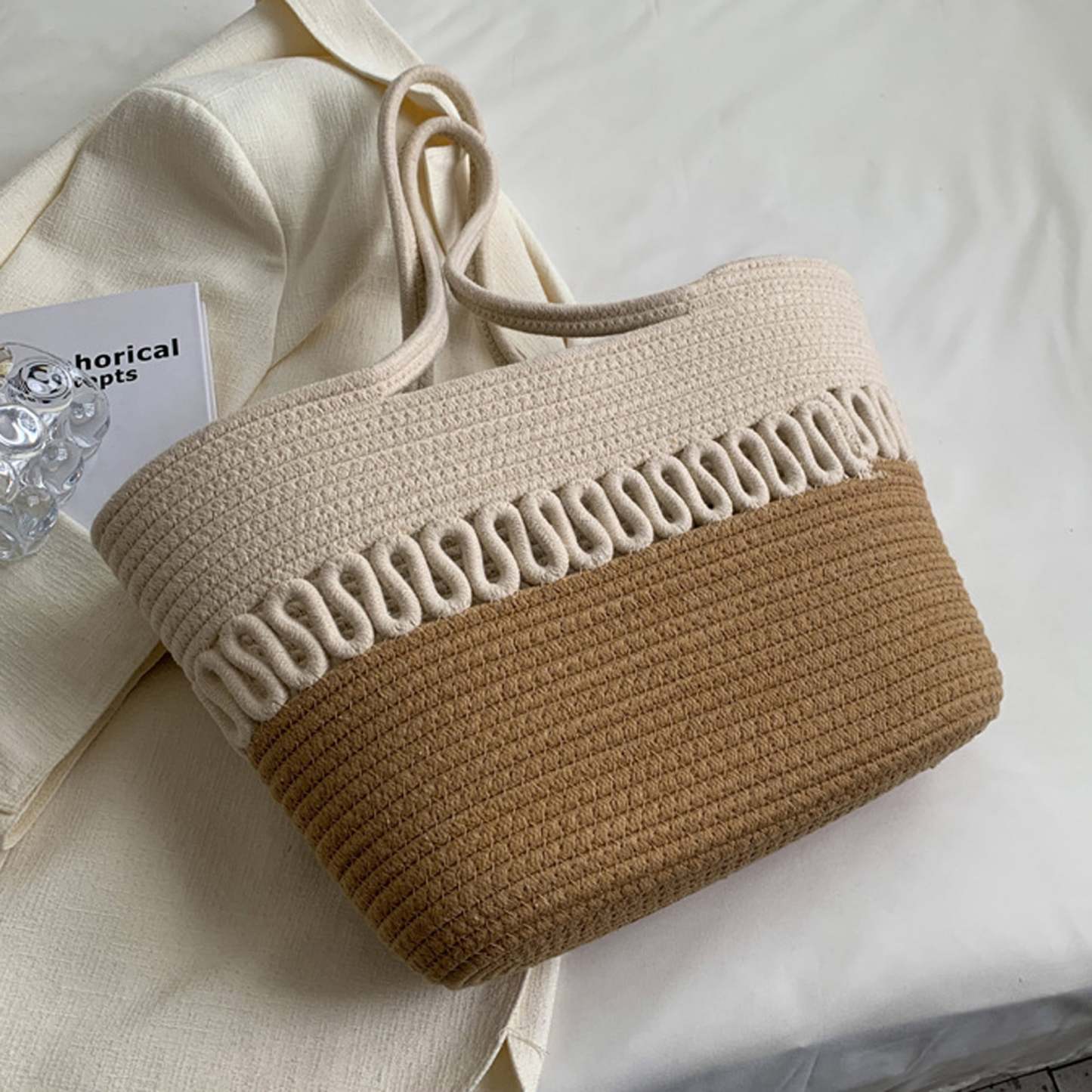 Women Crochet Shoulder Bag, Contrast Color/Dot Straw Woven Tote Bag for Daily Life, Beach, Travel, Outing
