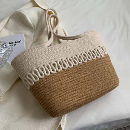Women Crochet Shoulder Bag, Contrast Color/Dot Straw Woven Tote Bag for Daily Life, Beach, Travel, Outing