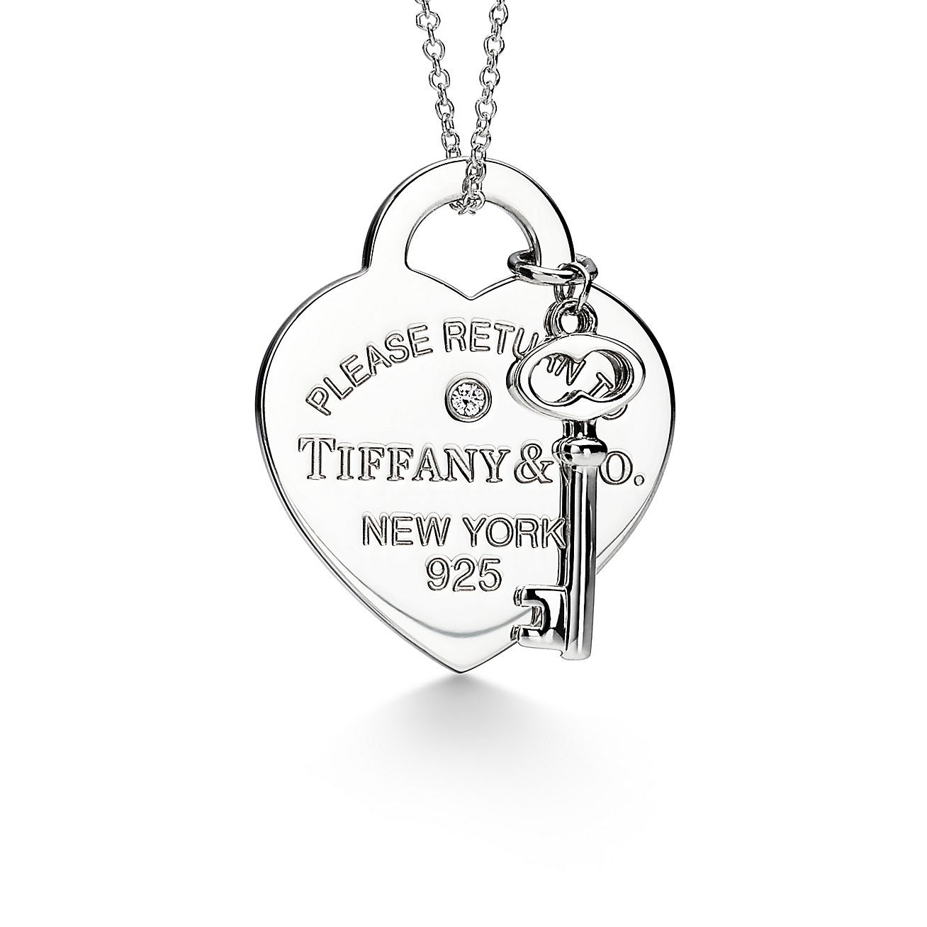 Return to 庐 Heart Tag and Key Necklace in Sterling Silver with a Diamond, Medium