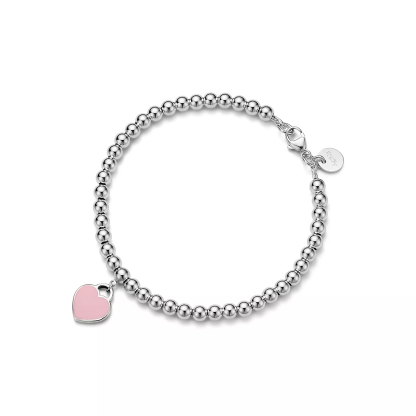 Return to 庐 Pink Mini Heart Bead Bracelet in Silver with a Diamond, 4 mm