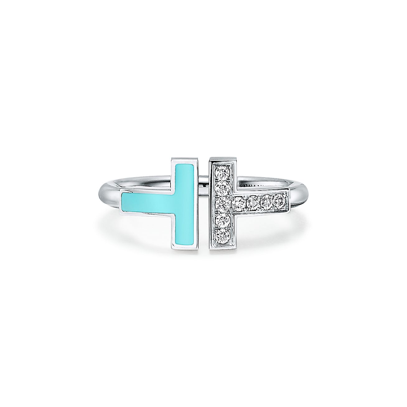 T Diamond and Turquoise Wire Ring in 18k White Gold