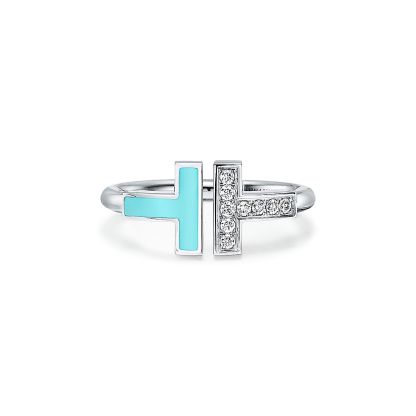 T Diamond and Turquoise Wire Ring in 18k White Gold