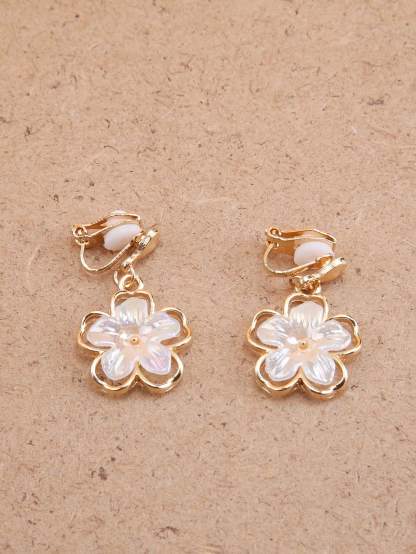 1pair Fashionable Zinc Alloy Flower Decor Clip On Earrings For Women For Daily Decoration