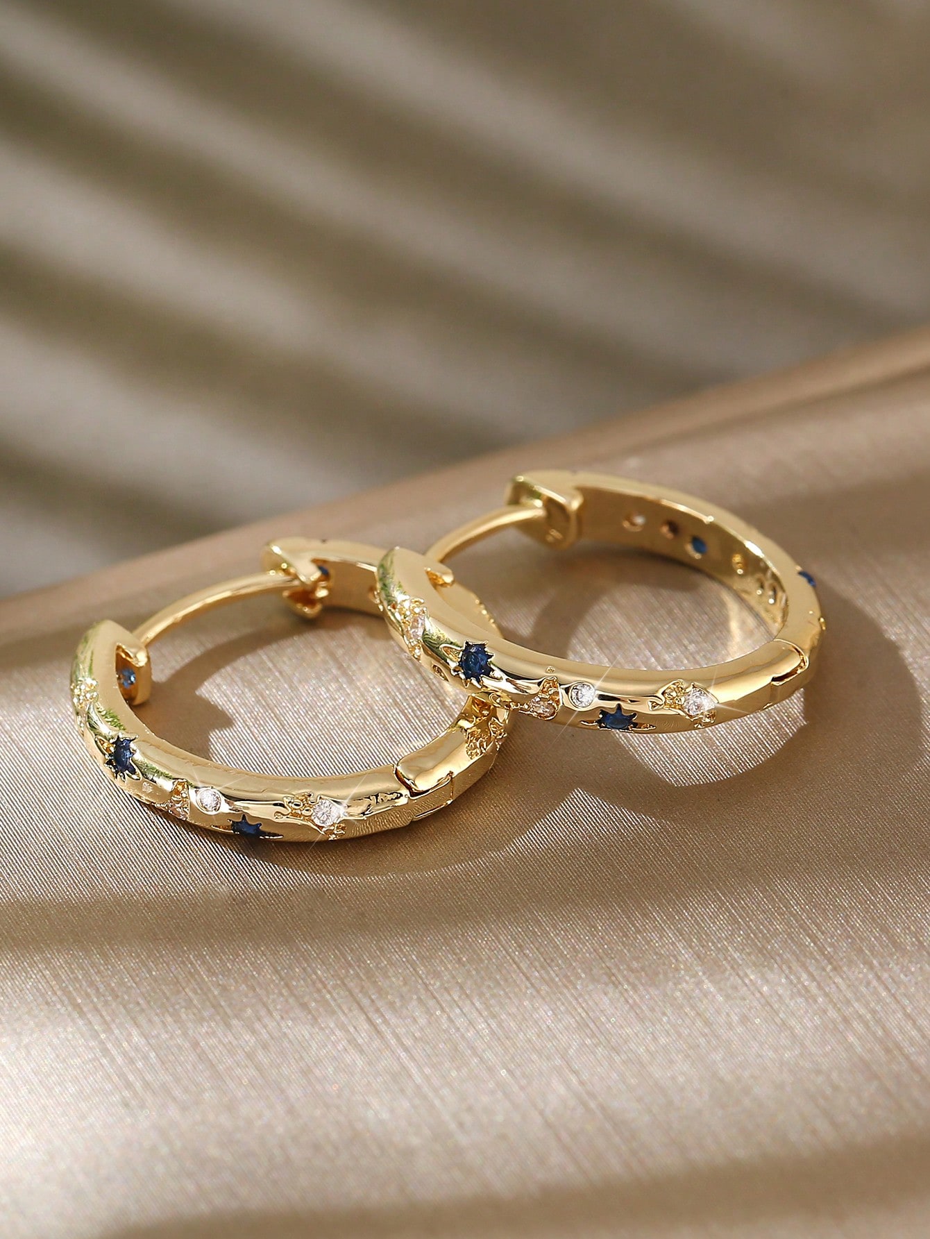 1pair Luxurious Copper Inlaid Multi-color Star, Moon & Round Shaped Hoop Earrings