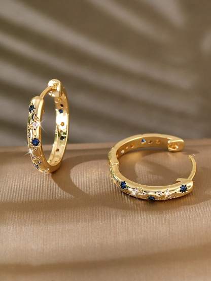 1pair Luxurious Copper Inlaid Multi-color Star, Moon & Round Shaped Hoop Earrings