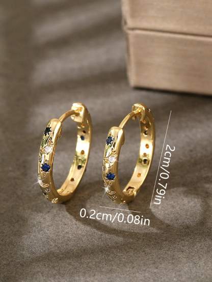 1pair Luxurious Copper Inlaid Multi-color Star, Moon & Round Shaped Hoop Earrings