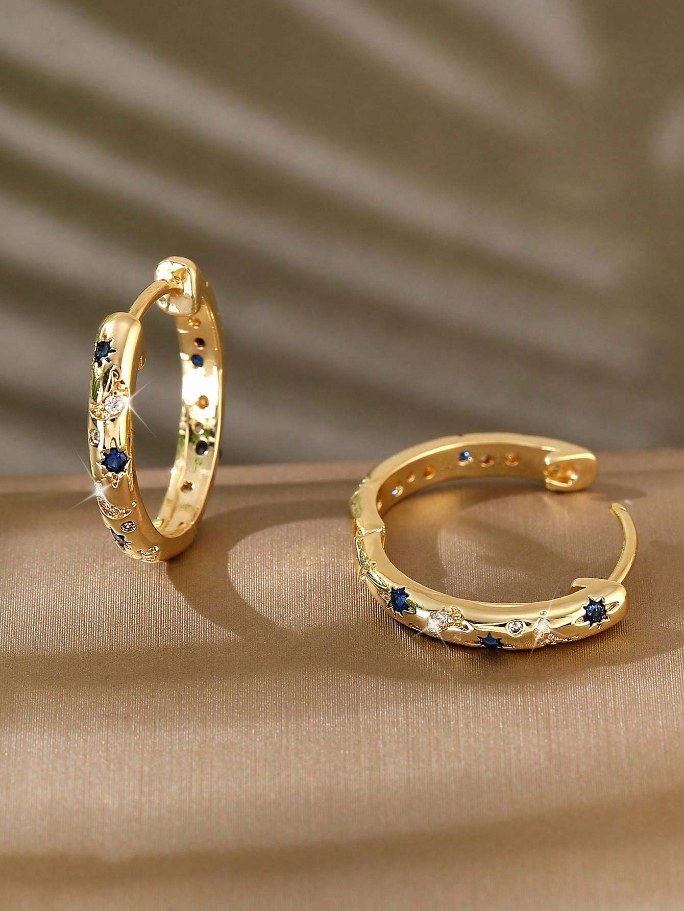 1pair Luxurious Copper Inlaid Multi-color Star, Moon & Round Shaped Hoop Earrings