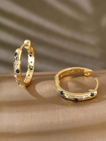 1pair Luxurious Copper Inlaid Multi-color Star, Moon & Round Shaped Hoop Earrings