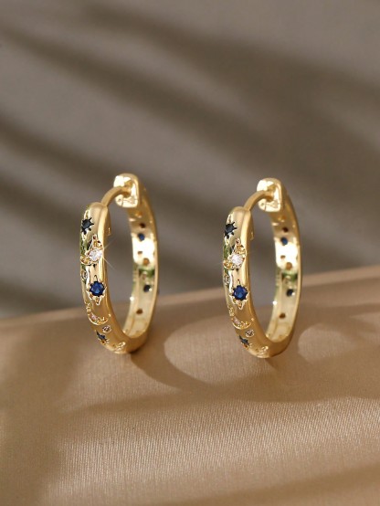 1pair Luxurious Copper Inlaid Multi-color Star, Moon & Round Shaped Hoop Earrings