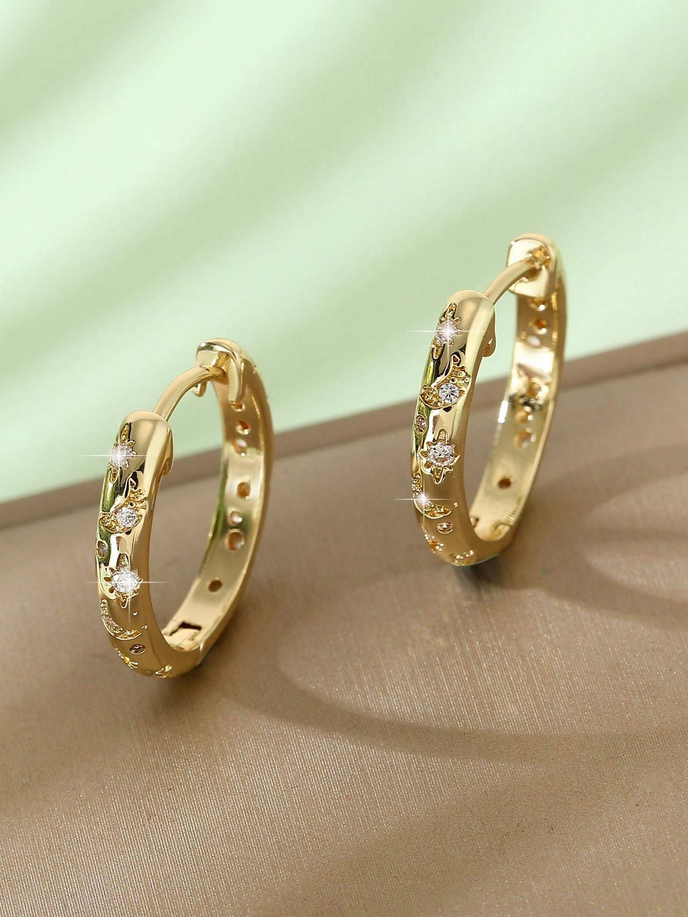 1pair Luxurious Copper Inlaid Multi-color Star, Moon & Round Shaped Hoop Earrings