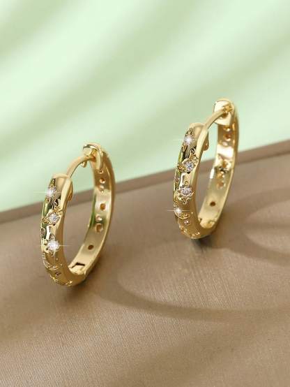 1pair Luxurious Copper Inlaid Multi-color Star, Moon & Round Shaped Hoop Earrings