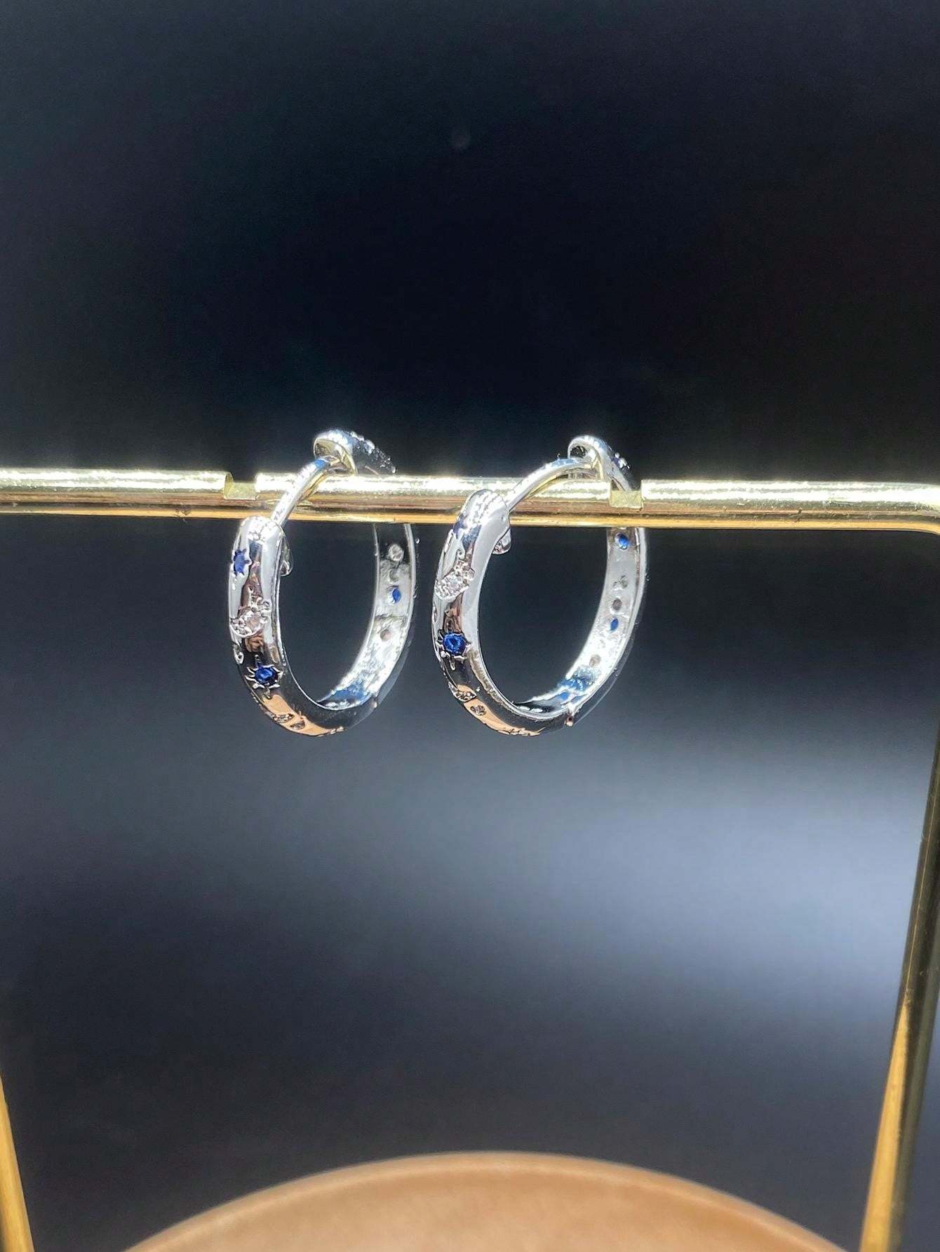 1pair Luxurious Copper Inlaid Multi-color Star, Moon & Round Shaped Hoop Earrings