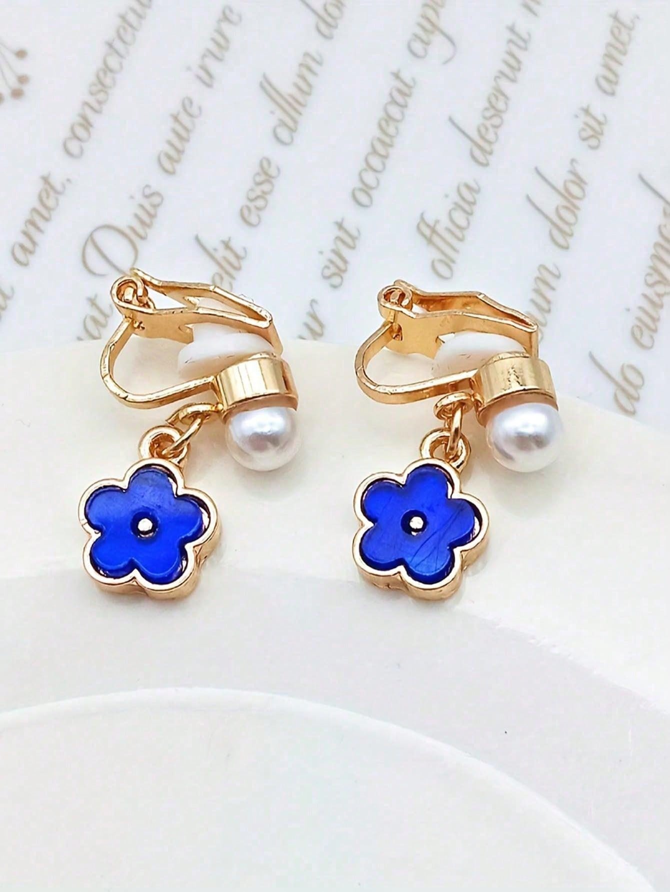 1pair Fashionable Zinc Alloy Flower Decor Clip On Earrings For Women For Daily Decoration