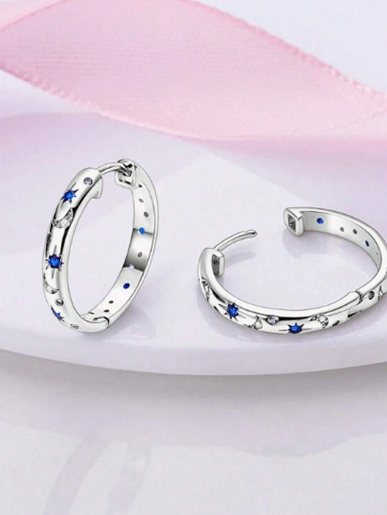 1pair Luxurious Copper Inlaid Multi-color Star, Moon & Round Shaped Hoop Earrings