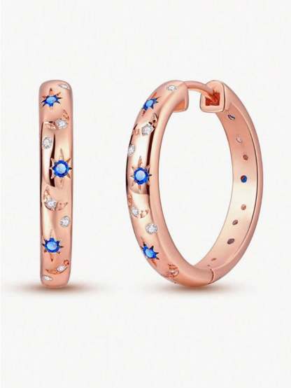 1pair Luxurious Copper Inlaid Multi-color Star, Moon & Round Shaped Hoop Earrings