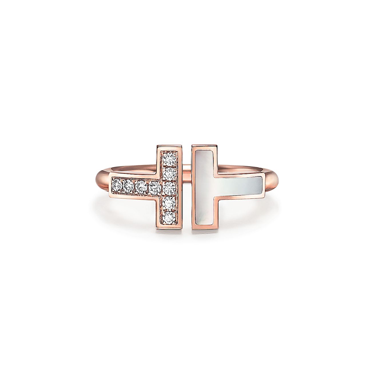 T Wire Ring in Rose Gold with Diamonds and Mother-of-pearl