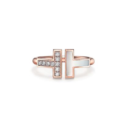 T Wire Ring in Rose Gold with Diamonds and Mother-of-pearl