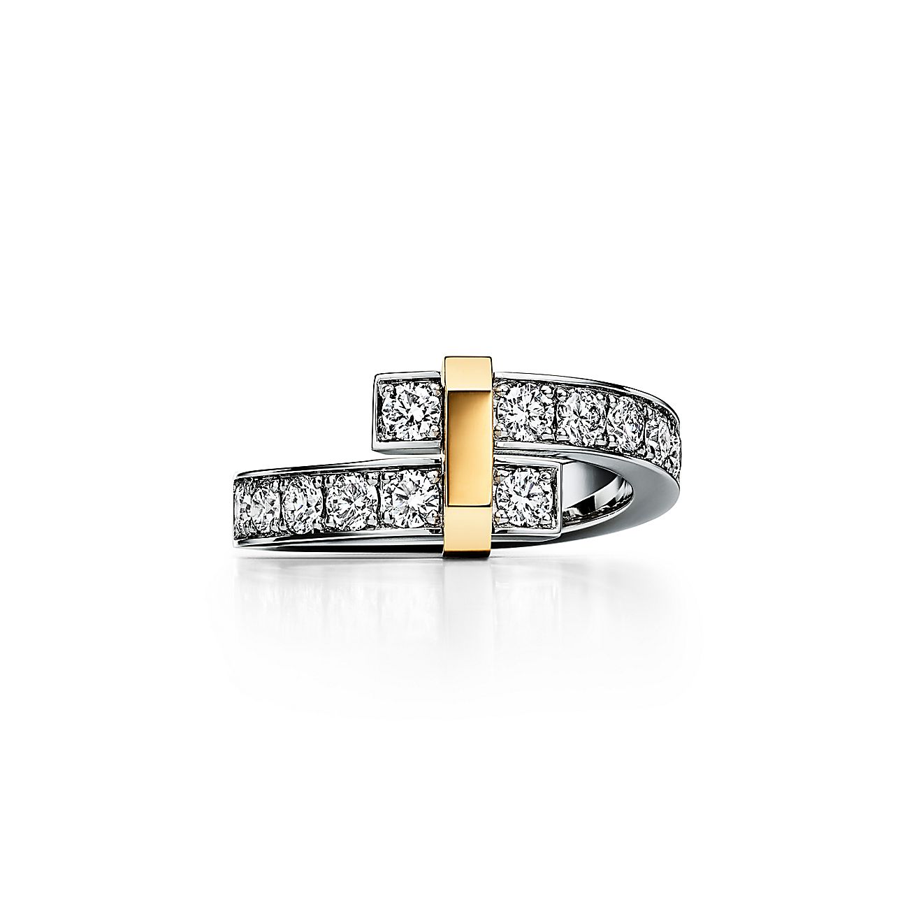 Edge Bypass Ring in Platinum and Yellow Gold with Diamonds, Wide