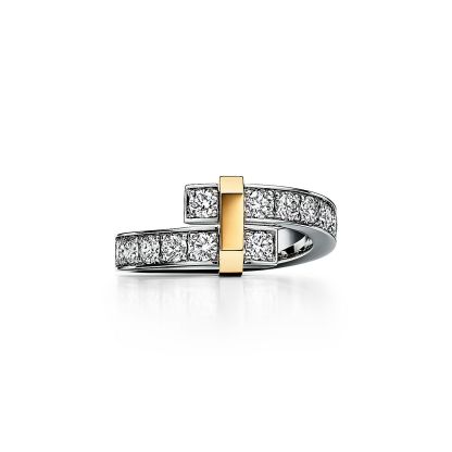 Edge Bypass Ring in Platinum and Yellow Gold with Diamonds, Wide