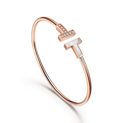 T Wire Bracelet in Rose Gold with Diamonds and Mother-of-pearl