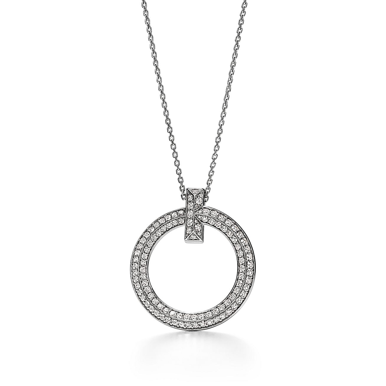 T T1 Circle Pendant in 18k White Gold with Diamonds, Large