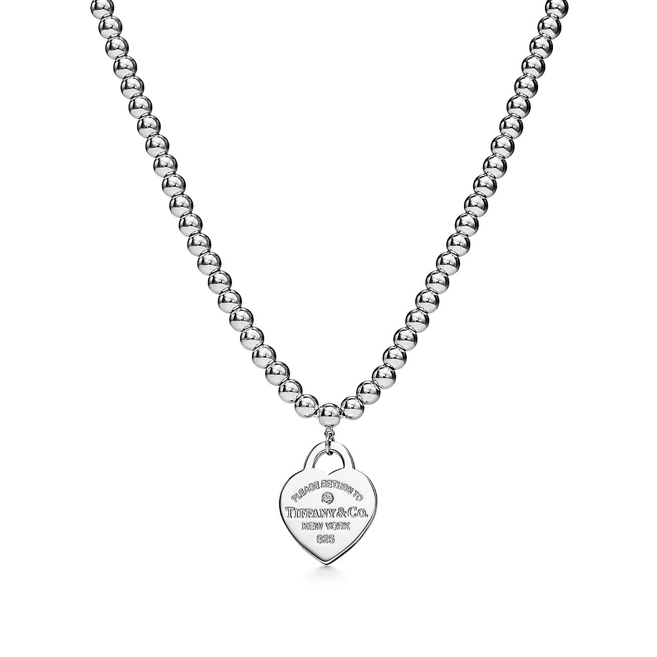 Return to 庐 Heart Tag Bead Necklace in Silver with a Diamond, Small