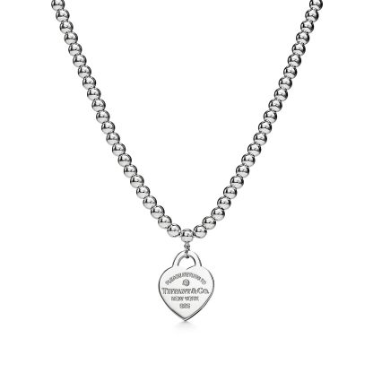 Return to 庐 Heart Tag Bead Necklace in Silver with a Diamond, Small