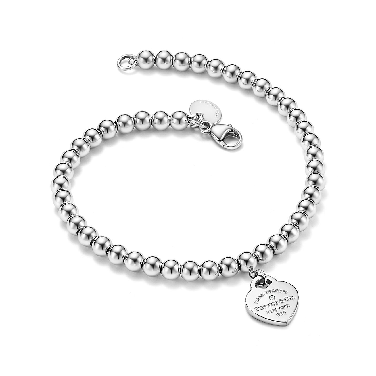Return to 庐 Heart Tag Bead Bracelet in Silver with a Diamond, 4 mm
