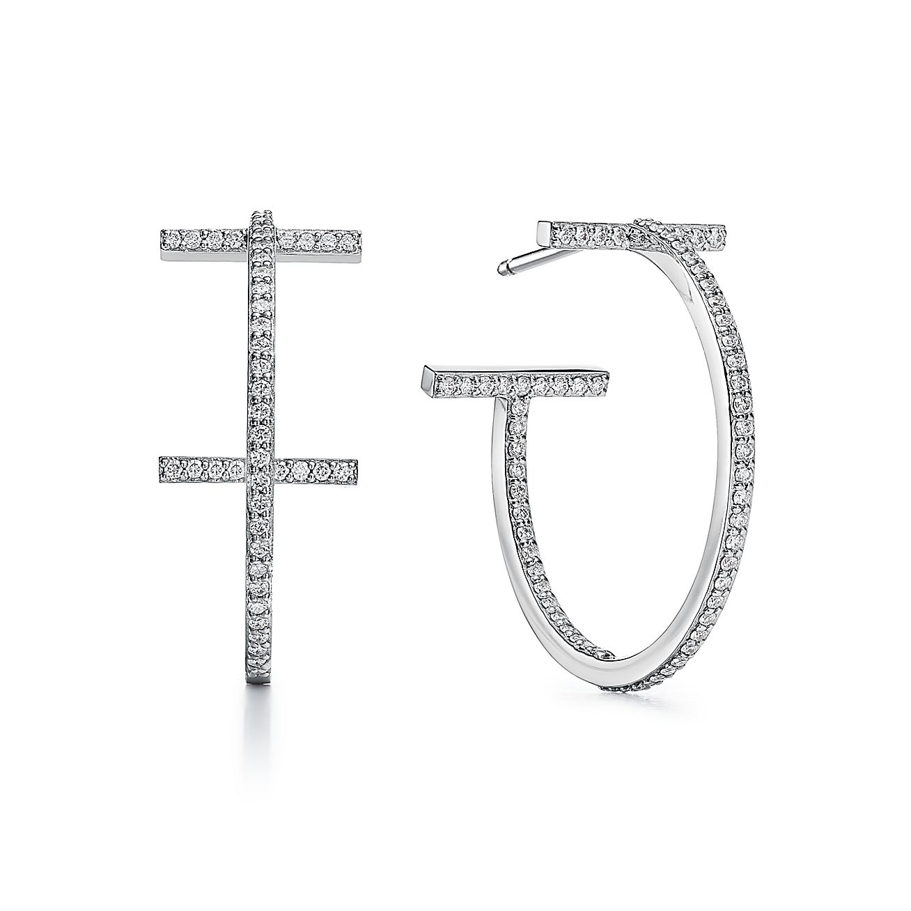 T Diamond Hoop Earrings in 18k White Gold